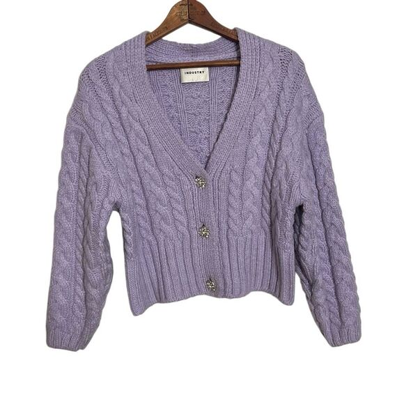 Industry Cable Knit Jewel Button V-Neck Cropped Cardigan Lavender Size Small - Picture 1 of 9